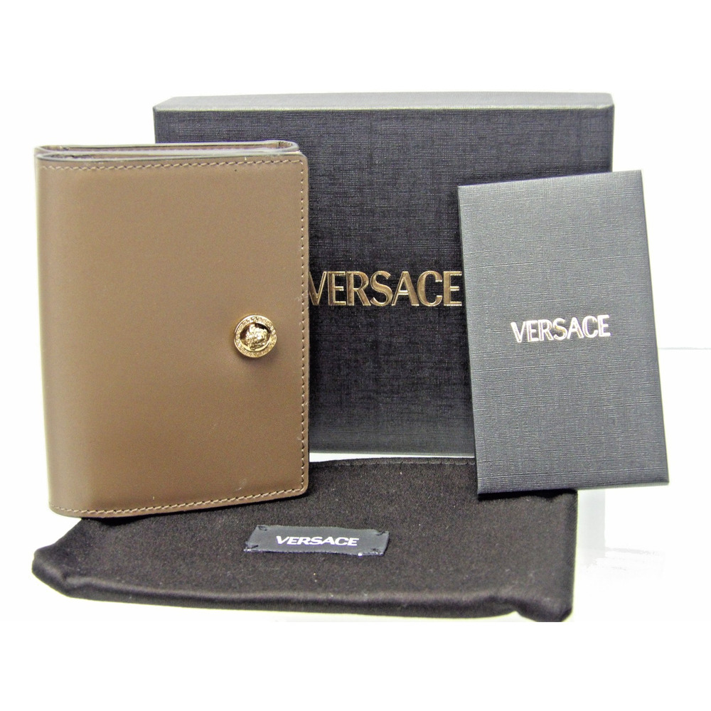 NIB VERSACE DARK GREEN GRAINED LEATHER GOLD MEDUSA LOGO COMPACT TRIFOLD WALLET